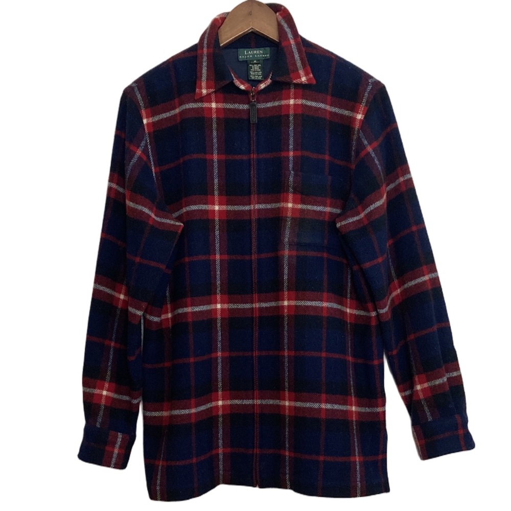 Vintage Lauren Ralph Lauren Jacket Women Medium Navy Blue Red Wool Flannel Plaid